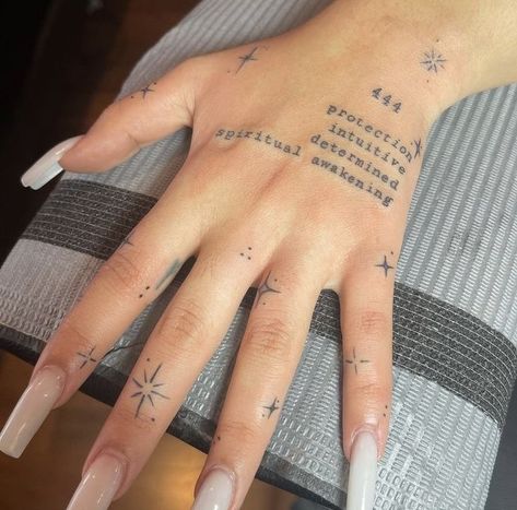 Hang Tattoos For Women, 444 On Hand, Love Yourself Hand Tattoo, Finger And Hand Tattoos For Women, Vereena Sayed Tattoos, Hand Tattoo Dainty, Meaningful Hand Tattoos, Delicate Hand Tattoos For Women, Word Hand Tattoos