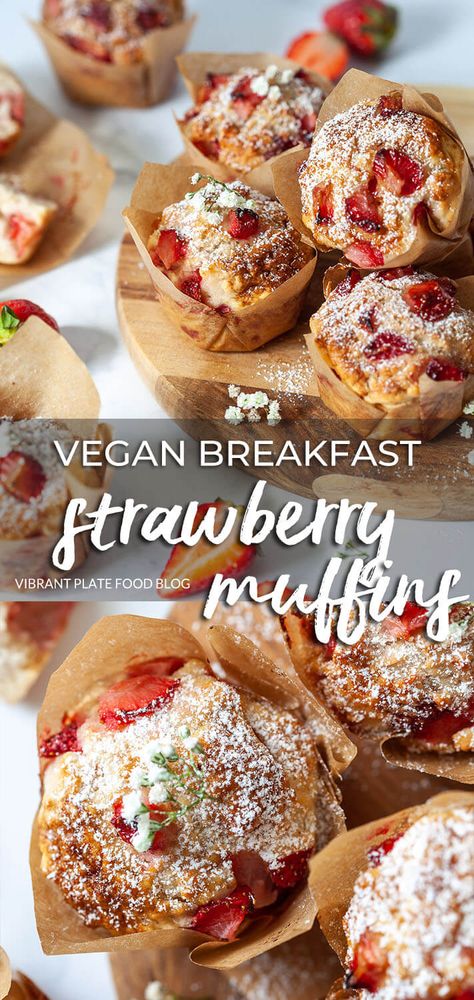 Breakfast Strawberry, Vegan Brunch Recipes, Vegan Baking Recipes, Vegan Muffins, Strawberry Muffins, Vegan Brunch, Vegan Bakery, Vegetarian Breakfast, Fresh Strawberries