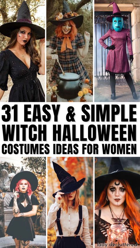 31 Easy & Simple Witch Halloween Costume Ideas for Women Witch Dress Up, Home Made Witch Costume For Women, Witch Diy Costume Women, Quick Witch Costume, Famous Witches Costumes, Cute Witch Costume For Women Diy, Group Witch Costume Ideas, Different Witch Costumes, Diy Witches Costume Women