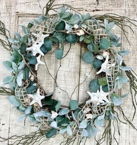 Beach Wreath for Front Door XL Coastal Wreath Front Porch - Etsy Diy Beach Wall Decor Ideas, French Coastal Decor Kitchen, Coastal Wreath Diy, Seashell Wreaths For Front Door, Beach Themed Christmas Decor, Starfish Wreath Diy, Beach Wreath Ideas, Beach Wreaths For Front Door, Beachy Fall Decor