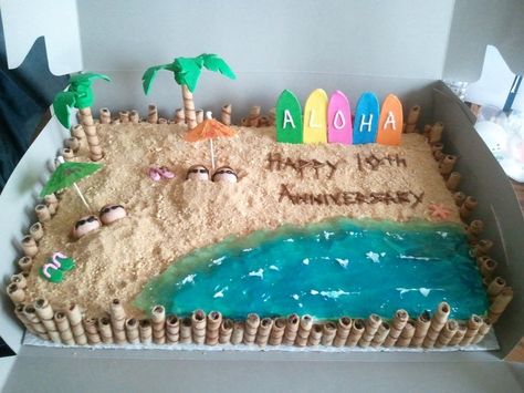 Cake Ideas Beach, Hawaiian Cake, Pool Cake, Ocean Cakes, Beach Birthday Party, Beach Cakes, Vanilla Buttercream Frosting, Luau Birthday, Summer Cakes