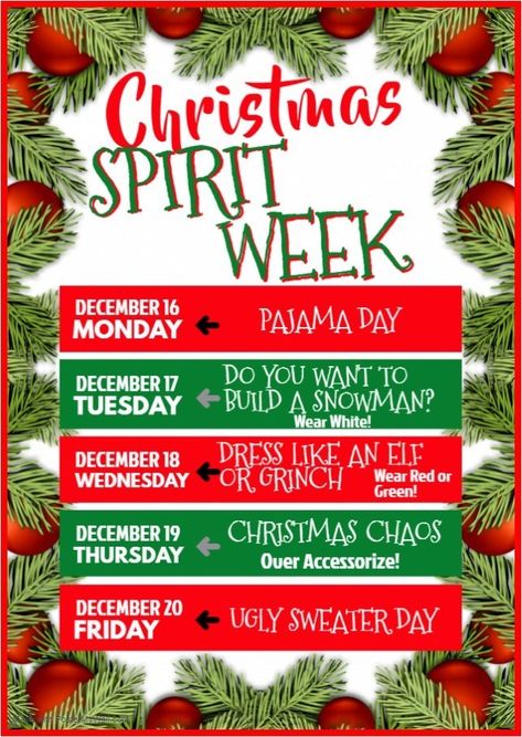 christmas spirit week - - Image Search Results Work Holiday Spirit Week Ideas, Grinch Spirit Week, Christmas Themed Spirit Week, Christmas Posters For School, Christmas Poster Ideas For School, Christmas School Themes, Winter Spirit Days, Pto Christmas Ideas, Christmas Spirit Week Ideas For Kids