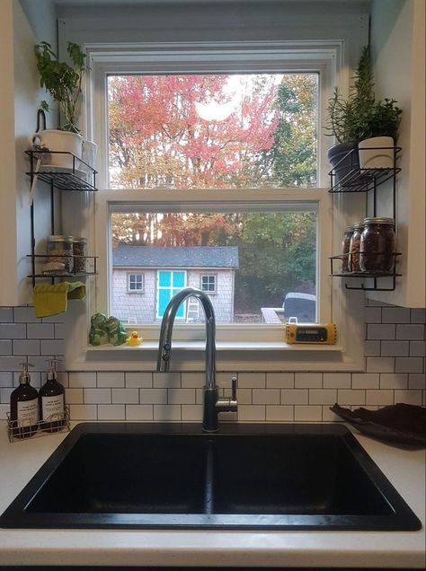 Over The Sink Decor With Window, Shelf For Kitchen Window, Diy Shelves Over Kitchen Sink, Kitchen Window Shelves Farmhouse, Ways To Hang Plants In Windows, Landscape Ideas Cheap Simple, Kitchen Sink Window Decor Ideas, Kitchen Small Window Ideas, Kitchen Windows Above Sink Ideas Plants