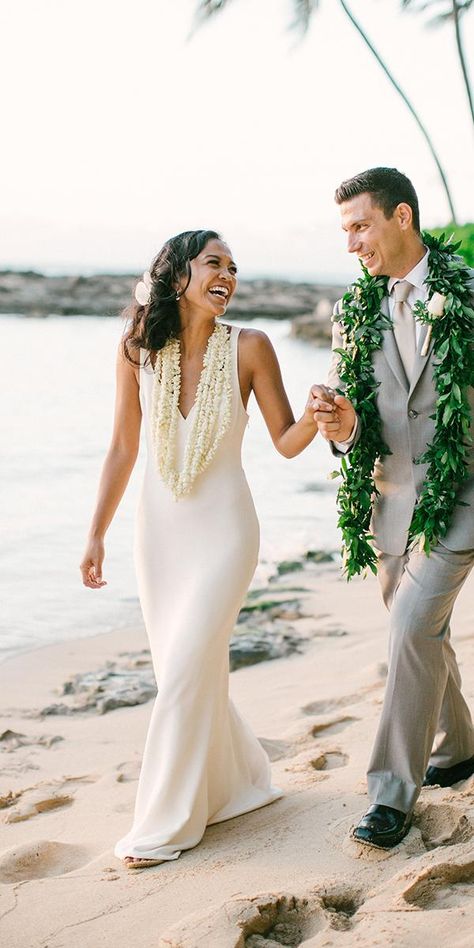 18 Hawaiian Wedding Dresses For Your Love Story | Wedding Dresses Guide Hawaiian Wedding Dress, Polynesian Wedding, Tropical Locations, Hawaii Wedding Dress, Tropical Wedding Dresses, Wedding In Hawaii, Hawaii Dress, Kauai Wedding, Wedding Dress Guide