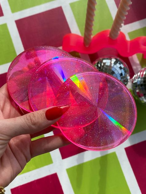 Pink Holographic Coaster - Etsy Rectangle Vase, Pink Holographic, Cool Coasters, Dopamine Decor, Iridescent Color, Fun House, Neon Party, Apartment Decor Inspiration, Pink Sparkle