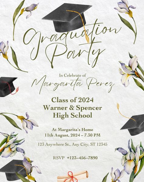 White Floral Graduation Party Evite #Vfccreativedesigns #DigitalInvitations #InvitationDesign #Cutedesigns #Partyevites #birthdayevites #graduationevite Grad Party Theme, Floral Graduation Party, Graduation Invitation Cards, Fedex Office, Graduation Party Planning, Carton Invitation, Graduation Invitation, Digital Invite, White Florals