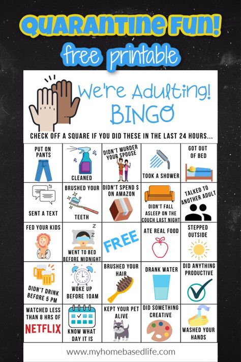 Super funny adulting bingo. A fun adult quarantine activity to play with friends and family. #adulting #quarantine Bingo Sheets, Game For Adults, Play With Friends, Marketing Gift, Bingo Printable, Employee Appreciation, New Year 2020, Adult Games, Take A Shower