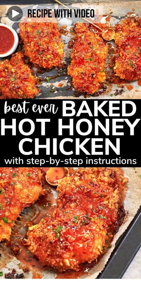 Baked Hot Honey Chicken (Super Crunchy!) 14 Baked Crispy Hot Honey Chicken, Honey Hoison Chicken, Fun Dishes To Make For Dinner, Recipes Using Mike's Hot Honey, Hot Honey Chicken Nuggets, Hot Honey Chicken Mac And Cheese, Hot Honey Bbq Chicken, Hot Honey Chicken Air Fryer, Mikes Hot Honey Chicken