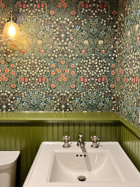 Farrow and Ball Wainscoting - French Country - Powder Room - New York - by Red Poppy Painting and Design | Houzz French Country Powder Room, French Powder Room, Brownstone Boys, Farrow And Ball Wallpaper, Red Poppy Painting, Half Bath Remodel, Moody Wallpaper, Powder Room Wallpaper, Moody Art