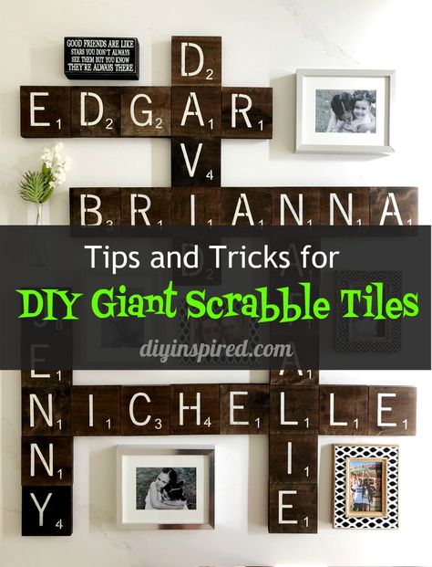 DIY Scrabble Tile Wall Art - DIY Inspired Diy Wall Scrabble Tiles, Tile Letters Wall Art, Scrabble Letter Wall Decor, Scrabble Names On Wall, Diy Scrabble Letters Wall Decor, Diy Scrabble Tiles Wall Art, Scrabble Wall Art Ideas, Scrabble Tiles Diy, Giant Scrabble Tiles