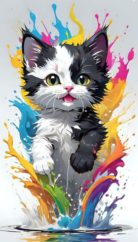 Cats Painting, Cat Phone Wallpaper, Colorful Cat, Art Painting Gallery, Art Gallery Wallpaper, Arte Animal, Cat Colors, Cartoon Clip Art, Cat Painting