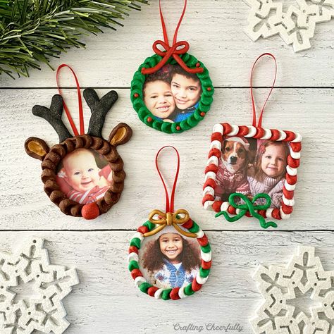 Create these festive DIY clay Christmas ornaments for the holidays! They make sweet handmade gifts and a great keepsake! Picture Orderments, Diy Wreath Ornaments For Kids, Name Ornaments Diy Kids, Wood Round Christmas Ornaments Kids, Reindeer Photo Ornament, Diy Christmas Ornaments For Kids Picture, Christmas Ornaments With Photos Diy, Grandkids Ornaments Diy, Baby Picture Ornament Diy