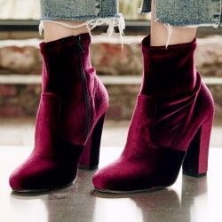 Burgundy Black Velvet Suede Round Head High Heels Ankle Boots Shoes Fashion Party Dress, Velvet High Heels, Chic High Heels, Velvet Ankle Boots, Fabric Boots, Boots Thick, High Heel Ankle Boots, Velvet Boots, Velvet Shoes