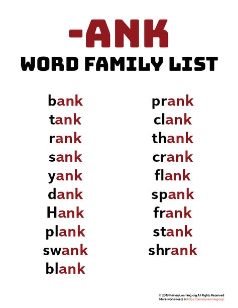 Using word families can help teach beginning spellers that words contain and share patterns. Use this word family list to introduce the sound of words ending with ANK. #worksheets #printables #phonics #wordfamily Word Family List, Phonics Reading Passages, Phonics Chart, Word Family Worksheets, Phonics Rules, Teaching Spelling, English Phonics, Phonics Lessons, Phonics Words