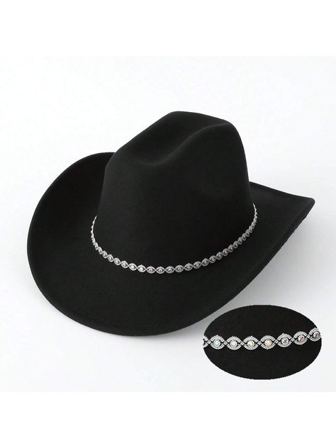 Black Casual,Cute,Elegant,Tribal,Boho,Vacation,Party Collar  Polyester   Embellished  Fall,Spring,Summer,Winter Women Accessories Cute Black Cowgirl Hats, Black Flat Crown Hat For Western-themed Events, Cheap Black Western Hat, Black Wide Brim Fedora For Western-themed Events, Black Fedora Hat For Western-themed Events, Black Cowboy Hat, Country Hats, Black Cowboy, Western Cowboy Hats