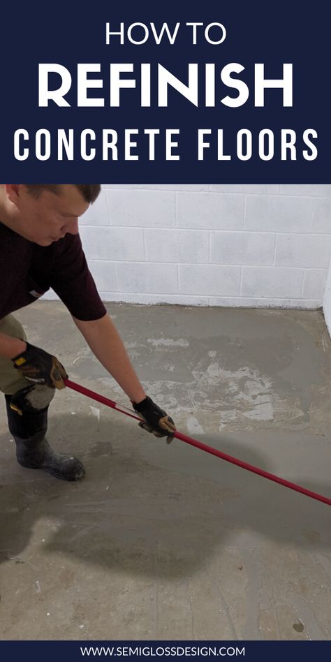 Learn how to fix an ugly concrete floor. Whether your concrete floor is cracked, crumbling or just covered in stains, read more about this easy process to refinish concrete. It's such an affordable DIY! Perfect for basements and garages! How To Fix Concrete Floors, How To Paint Concrete Floors Diy, Fixing Uneven Concrete Floors, Diy Concrete Floor Makeover, Diy Concrete Floors Indoor, Sealed Concrete Floor No Stain, Diy Concrete Floors, Self Leveling Concrete Floor, Concrete Update