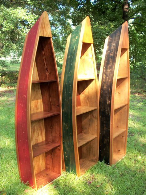 Boat Bookshelf Bookcase Distressed Design Boat Shelf Canoe Shelves Cabin Lodge Decor Canoe Shelf Diy, Canoe Display Ideas, Canoe Bookcase, Canoe Bookshelf, Boat Shelf Decor, Canoe Shelves, Boat Bookshelf, Canoe Shelf, Boat Bookcase