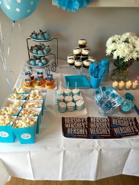 Snacks Table, Baby Shower Snacks Boy, Table Snacks, Baby Shower Appetizers, Gender Ideas, Shower Snacks, Baby Shower Food Ideas, Baby Shower Desserts Boy, Shower Food Ideas