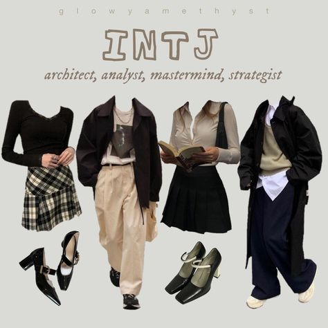 intj mbti type outfit inspo aesthetic Intj Personality Lookbook, Intj Women Outfit, Intj Personality Outfits, Intj Outfits Girl, Dark Academia Basic Wardrobe, Intj Outfit Women, Infj Aesthetics Outfit, Intj Women Fashion, Intj Aesthetic Outfit