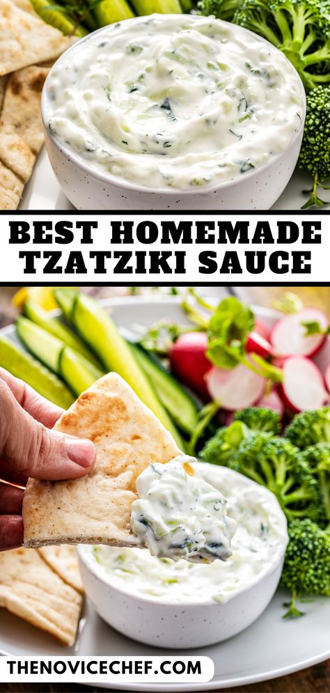 This easy tzatziki sauce tastes just like the delicious cucumber yogurt sauce at your favorite Greek restaurant! This sauce is amazing on almost anything and uses just a few simple ingredients! Taziki's Mediterranean Salad, Easy Greek Recipes Appetizers, Taziki Sauce Recipe, Authentic Tzatziki Sauce Recipe, Taziki Sauce, Greek Salsa, Easy Tzatziki Sauce, Tzatziki Sauce Recipe Easy, Easy Tzatziki