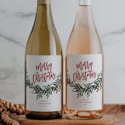 Script Merry Christmas Greenery Holiday Party Wine Label Christmas Wine Labels, Holiday Wine Label, Christmas Branches, Sparkling Wine Label, Christmas Pregnancy Announcement, Christmas Holiday Party, Holiday Party Favors, Wine Label Design, Label Christmas