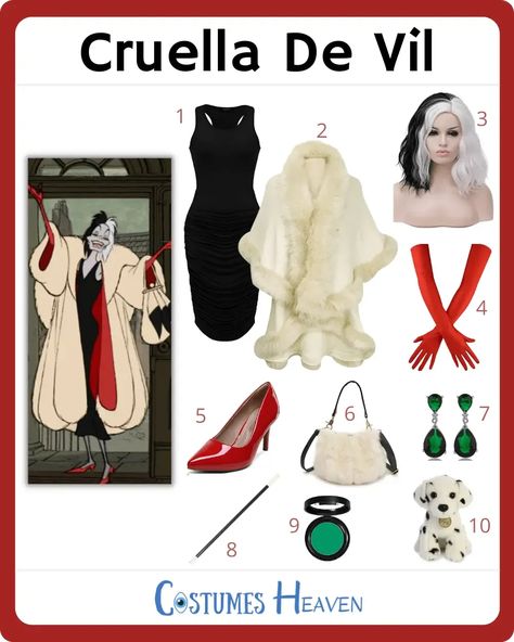 DIY Cruella De Vil Costume Ideas [2023] For Cosplay & Halloween Cruela De Vil Costume Ideas, Cruella Costume Diy, Cruella De Vil Costume Ideas, Cruella Deville Movie, Villans Costumes, Cruella Deville Cosplay, Diy Cruella Deville Costume, Disney Villains Costumes, Costume Ideas 2023