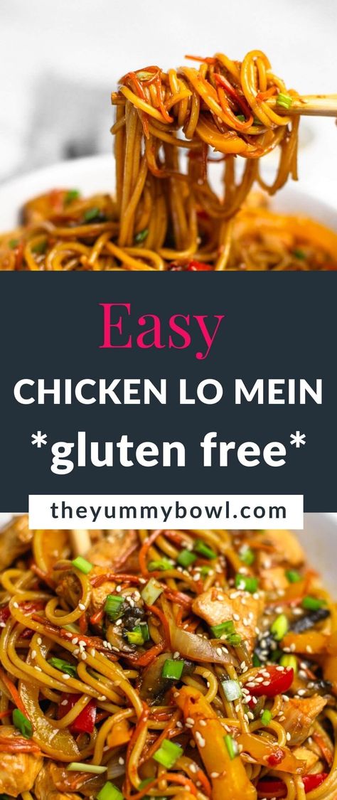 Easy Chicken Lo Mein recipe made with thick noodles, marinated chicken and tossed in a rich and flavorful dark sauce with a generous amount of ginger and garlic. Ready in less than 30 minutes and is way better than take out! Gluten Free Chicken Lo Mein Recipe, Weeknight Gluten Free Dinner Recipes, Chicken Lo Mein Gluten Free, Gluten Free 1 Pot Meals, Essen, Gluten Free Chicken Chow Mein, Gf Lo Mein, Keto Chicken Lo Mein, Quick And Easy Gf Dinner Recipes