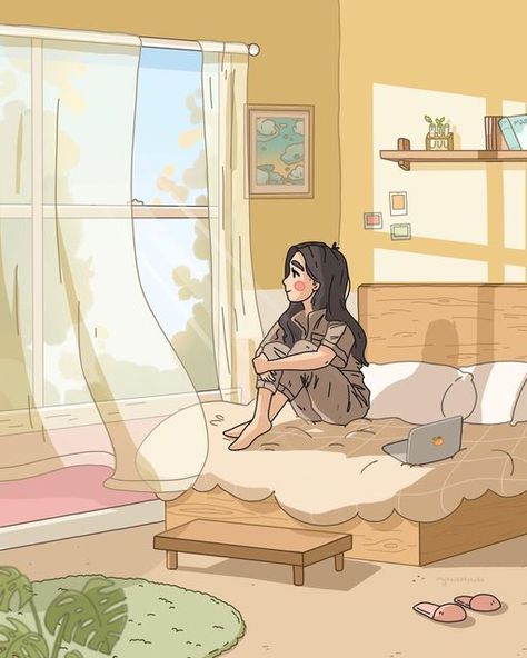 Ashleigh on Instagram: "cozy mornings 🍃☁️ inspired by my sister @maisyleigh :) i was inspired to draw something that feels warm, wholesome, and cozy indoors. drawing indoor settings is new territory for me, and something i always wanted to try. so this year for maisy’s birthday (around 3 months ago) I decided to draw something special for her. And here it is! 🤍 this art piece is inspired by her cozy vibes and her notion of simple living. Maisy at her natural state in her bedroom - content and Nativity Scene Pictures, Bedroom Drawing, Cozy Mornings, Iphone Wallpaper Kawaii, Desktop Wallpaper Art, Kawaii Illustration, Vibes Art, Illustration Art Girl, Girly Art Illustrations