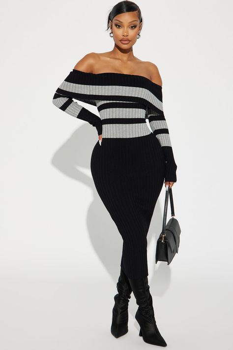 Available In Black/combo And Black/Grey. Sweater Midi Dress Striped Pattern Off Shoulder Long Sleeve Stretch Length = 43" Disclaimer: Stripe Pattern May Vary. Disclaimer: Color Will Bleed. 82% Rayon 18% Nylon Imported | Scorpio Sweater Midi Dress in Black/Grey size Large by Fashion Nova Edgy Work Outfits, Short Sweater Dress, Sweater Midi Dress, Fashion Nova Outfits, Xl Fashion, Sweater Dress Midi, Lace Maxi Dress, Black Midi Dress, Fancy Dresses