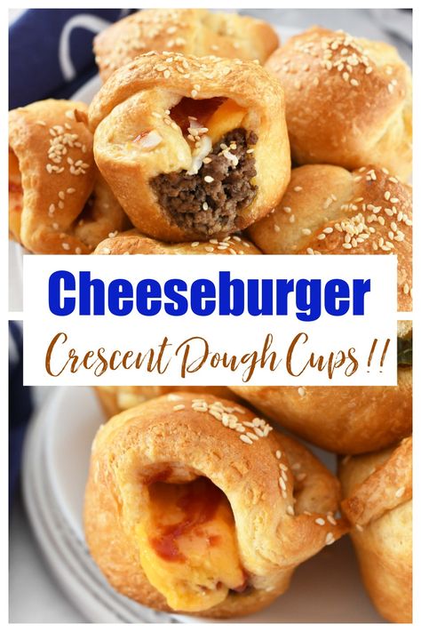 Crescent Dough Cheeseburger Cups Burger Bites In Muffin Pan, Crescent Roll Cups, Cheeseburger Cups, Cheeseburger Muffins, Crescent Dough Recipes, Cheeseburger Bites, Recipes Using Crescent Rolls, Muffin Pan Recipes, Biscuit Cups