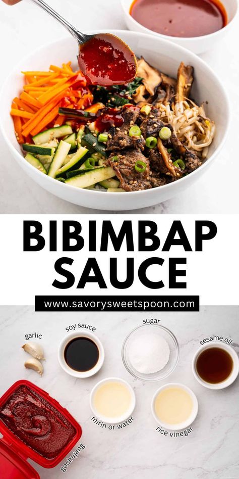 This easy Bibimbap sauce is the perfect blend of sweet, spicy, and savory flavors! Made with gochujang, sesame oil, and a touch of sweetness, it’s the key to adding that signature kick to your Korean bibimbap bowls. Drizzle it over rice, veggies, and protein for a quick, flavorful meal! Bibimbap Sauce Not Spicy, Bibimbap Meal Prep, Korean Rice Bowl Bibimbap Recipe, Bibimbap Recipe Sauce, Vegan Bibimbap Bowls, Easy Bibimbap Recipe, Gukbap Recipe, Korean Bowl Recipe, Bibimbap Recipe Easy