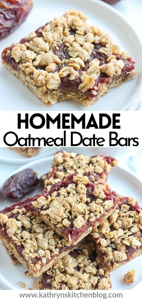 This Date Bar Recipe has a cinnamon oat crust and a delicious date filling. These bars are chewy, soft and make a sweet snack or breakfast! #oatmeal #datebars #dates #breakfast #dessert #snack #delicious Oatmeal Date Bars Recipe Healthy, Oatmeal Date Breakfast Bars, Oatmeal Date Bars Recipe, Red Date Recipe, Healthy Snacks Made With Dates, Dates Recipes Savory, Easy Date Bars Recipe, Date Bars Oatmeal, Breakfast With Dates