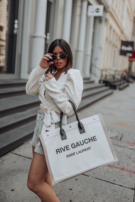 Rive Gauche Ysl Bag Outfit, Rive Gauche Ysl Bag, Designer Wishlist, Ysl Tote Bag, Ysl Rive Gauche, Lorna Luxe, Ysl Tote, Levis Shorts, Top Street Style