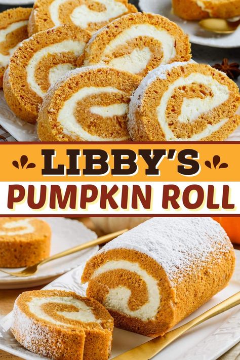 Libby's pumpkin roll recipe is as good as it gets! With a layer of pumpkin cake swirled with cream cheese, it's heaven on a plate. Libbys Pumpkin Roll, Pumpkin Cream Cheese Roll, Pumpkin Roll Recipe Easy, Pumpkin Roll Recipe, Roll Cake Recipe, Pumpkin Roll Cake, Pumpkin Rolls Recipe, Cake Roll Recipes, Pumpkin Cake Recipes