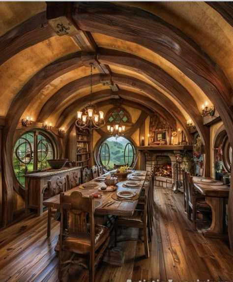 Bagend Interior, Hobbit Core House, Hobbit House Design, Hobbit Dining Room, Hobbit House Interior Inspiration, Whimsical Cottage Interior, Hobbit House Aesthetic, Hobbiton Aesthetic, Hobbit Office