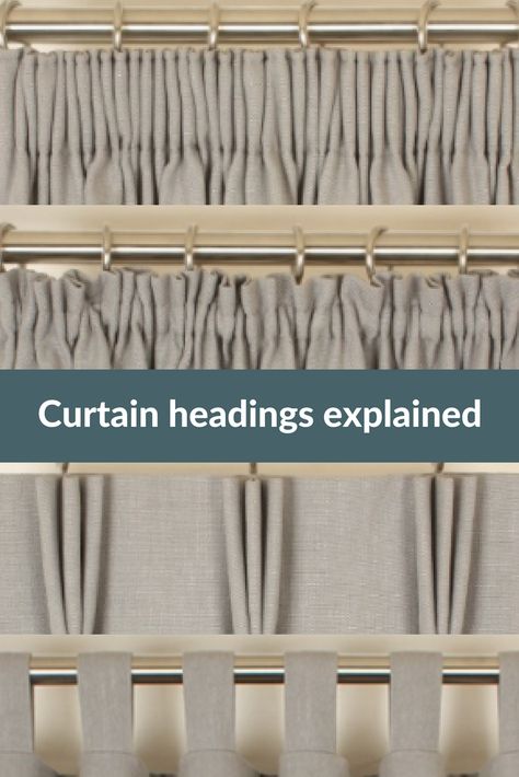 Explanation of the different types of #curtain headings. Curtain Tops Ideas, Different Type Of Curtains, Curtain Headings Styles, Curtain Types Style, Types Of Curtain Pleats, Types Of Curtains Style, Different Curtain Styles, Parisian Chic Bedroom, Different Types Of Curtains