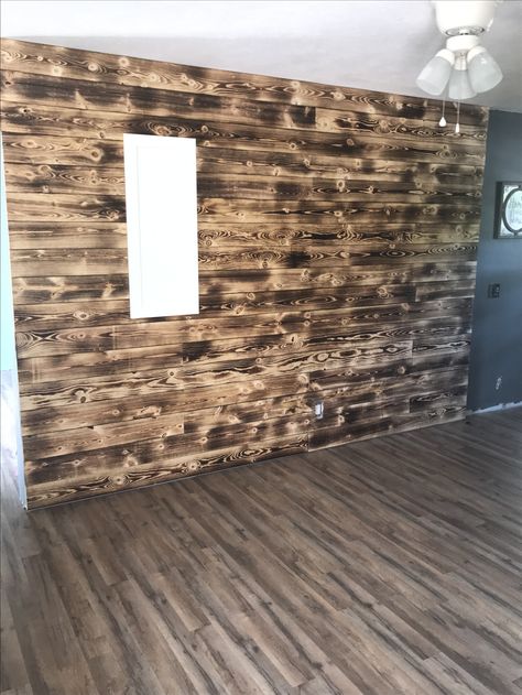 Burnt wood accent wall! Pallet Projects Bar, Wood Paneling Basement, Pine Shiplap Wall, Pine Shiplap, Basement Diy, Torch Wood, Diy Wood Wall, Nursery Accent Wall, Plywood Walls