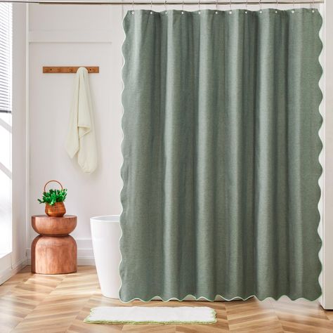 PRICES MAY VARY. Scalloped Border Design: This shower curtain features a chic scallop edge design, making your bathroom look more elegant and appealing. Premium Fabric: 230 gsm heavy duty linen textured polyester fabric. Enhanced Waterproof: The fabric of this shower curtain itself is waterproof fabric, and we have added a layer of film on the inner side of the shower curtain to make it better waterproof performance. Size: 72’’x72’’, ensures that it provides ample coverage for your shower or bat Two Shower Curtains In Bathroom, Farmhouse Shower Curtains, Gingham Shower Curtain, Shower Curtain Aesthetic, Curtain Aesthetic, Mint Bathroom, Bathroom Minimalist, Elegant Shower Curtains, Curtain Inspiration