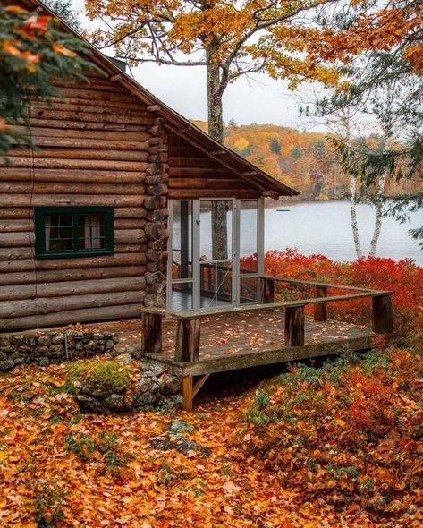 Old Log Cabin, Leaves On The Ground, Haus Am See, Autumn Scenes, Autumn Scenery, Cabins And Cottages, Cabin Life, A Log, Fall Pictures