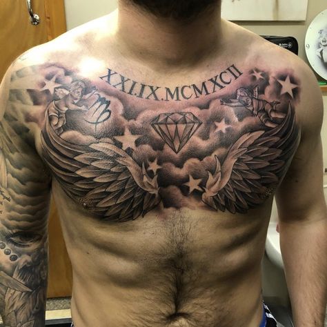 Wings Chest Tattoo Men, Men Chest Tattoo Ideas Unique, Cool Chest Tattoos For Guys, Chest Tattoo Men Ideas Full, Chest Tattoo Sketches For Men, Mens Chest Tattoos Ideas Design, Men’s Chest Tattoos, Full Chest Tattoo Men, Chest Tattoo Men Ideas Black Man