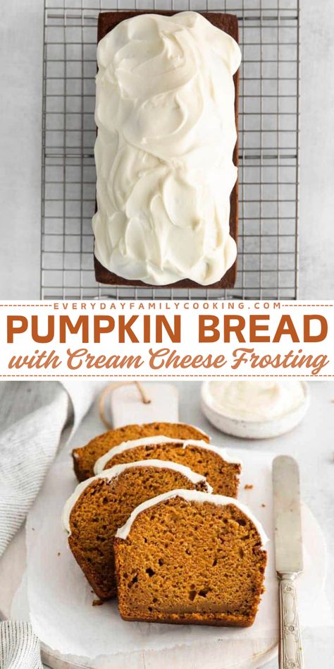 This is the best pumpkin bread recipe ever! Enjoy a moist pumpkin bread with cream cheese frosting as your holiday brunch food. It is full of warm spices like nutmeg and cinnamon. Simple to make, yet it's the ultimate treat for fall! Cream Cheese Frosting For Pumpkin Bread, Cinnamon Pumpkin Bread, Best Pumpkin Bread Recipe Ever, Pumpkin Bread With Cream Cheese, The Best Pumpkin Bread, Pumpkin Cream Cheese Bread, Best Pumpkin Bread, Best Pumpkin Bread Recipe, Bread With Cream Cheese