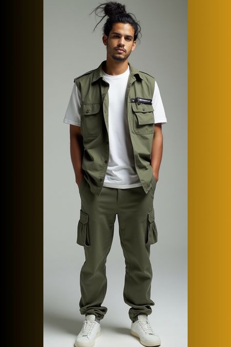 The image features a stylish urban outfit with an army green cargo vest paired over a white t-shirt, complemented by matching cargo pants. The ensemble exudes a modern and casual military-inspired style. The cargo vest and pants highlight a practical yet fashionable look, featuring multiple pockets perfect for utility and style. Crisp white sneakers complete the outfit, adding a clean and contemporary touch. Green Army Pants Outfit, Green Army Pants, Army Pants Outfit, Green Cargo Vest, Military Chic, Vest And Pants, Cargo Vest, Army Pants, Streetwear Essentials