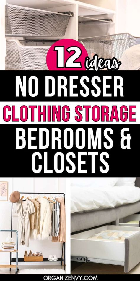 Small bedrooms and small closets need special attention when it comes to clothes storage, especially if you don't have a dresser. Check out these 12 ideas to organize and store clothing in a small bedroom or closet! Learn how to maximize storage space, use closet shelves, add drawers to a small closet, use the space under your bed and more. Small bedroom organization | Small bedroom storage | Small closet organization | Small closet storage | Clothes storage no dresser A Lot Of Clothes Small Closet, Add Drawers To Closet, Clothing Storage Without Dresser, Clothes Storage No Dresser, How To Store Clothes Without A Dresser, No Dresser Clothes Storage, Clothes Storage Ideas No Dresser, No Dresser Bedroom Ideas, Jacket Storage Ideas