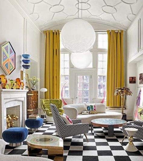 Jonathan Adler Living Room, Estilo Kitsch, Greenwich Village Apartment, Checkered Floor, Greenwich Village, Jonathan Adler, Maximalism, High Ceilings, Wall And Floor Tiles