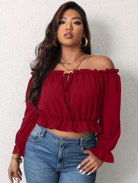 Off Shoulder Top Plus Size, Mesh Long Sleeve Top, Black Off Shoulder, Elegant Blouses, Clothes Shopping, Plus Size Kleidung, Large Dress, Flounce Sleeve, Crop Top Blouse