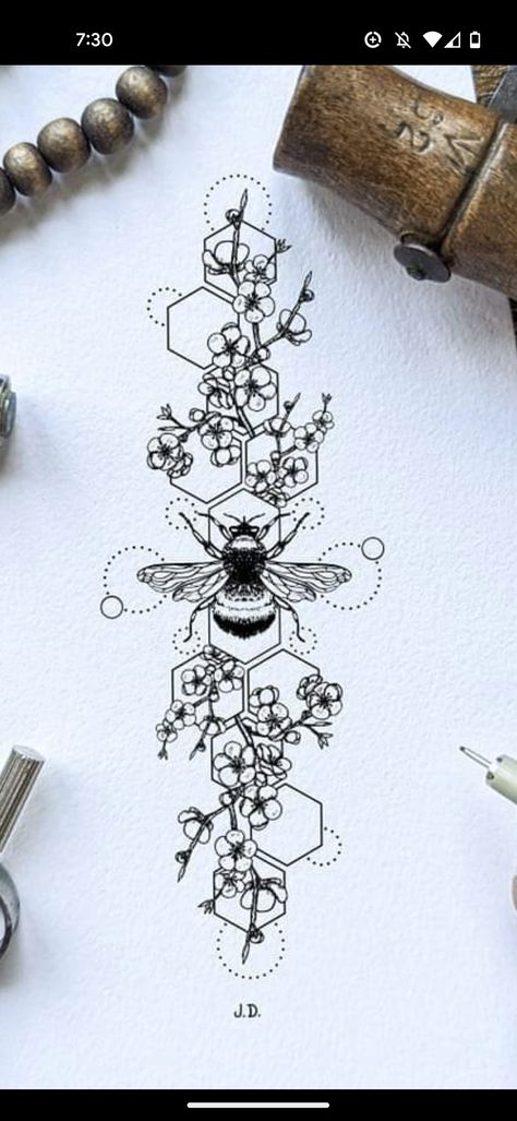 Science Floral Tattoo, Anatomical Bee Tattoo, Bee Tattoo Ideas Black And White, Bumble Bee Half Sleeve Tattoo, Honeycomb With Flowers Tattoo, Bee Theme Tattoo Sleeve, Bee Spine Tattoos For Women, Sunflower With A Bee Tattoo, Bee Back Tattoo Women