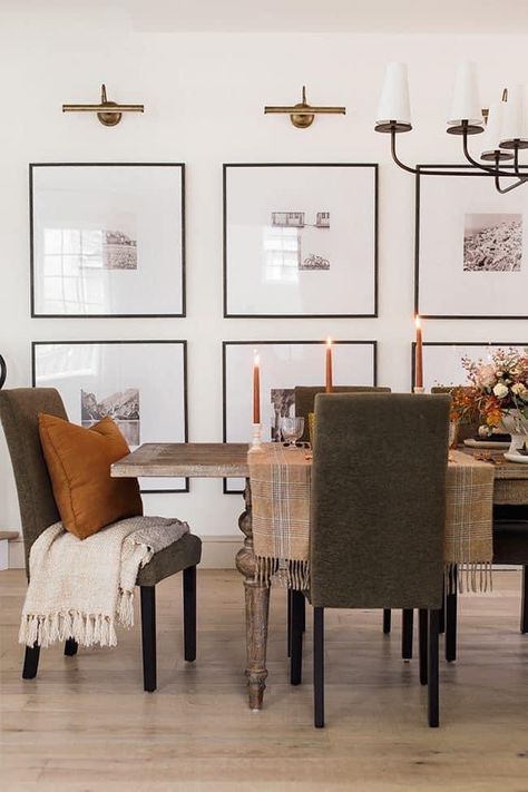 Dining Room Styling Ideas, Sunny Office Aesthetic, Art Behind Kitchen Table, Picture Frames In Dining Room, Lived In Dining Room, Picture Wall In Dining Room, Mirror Wall Art Dining Room, Ding Room Wall Decor, Gallery Wall Behind Dining Table