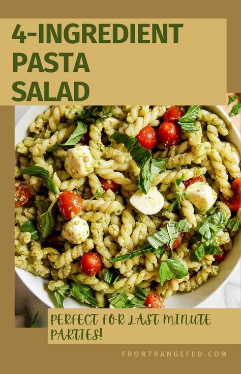 Need a quick and easy dish for a summer BBQ or potluck? This 4-Ingredient Pasta Salad is perfect! Featuring pesto sauce and mozzarella balls, it's a cold, healthy recipe that's simple and customizable. Great for a crowd and perfect as a side dish, lunch, or dinner. Learn more at www.frontrangefed.com. Quick Cold Pasta Salad, Pesto Pasta Side Dish, Easy Pesto Pasta Salad, Pasta Pesto Salad, Pesto Pasta Salad Recipes Cold, Cold Pasta Salad Recipes Easy, Pasta Salad Salmon, Feta Salad Recipe, Cold Pasta Salad Recipes