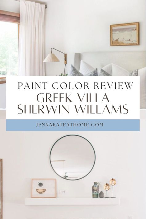 The elegant soft white of SW Greek Villa enhances any room with its bright and airy feel. It’s not just great for walls; it also looks amazing on cabinets. Curious about how it measures up to other favored white paints? Check out our detailed article to learn more! Sherwin Williams Roman Column Walls, Sherwin Williams Greek Villa Kitchen, Greek Villa Walls And Trim, Greek Villa Sherwin Williams Cabinets, Sw Greek Villa Walls, Greek Villa Sherwin Williams Walls, Greek Villa Interior, Greek Villa Color Palette, Greek Villa Paint Color