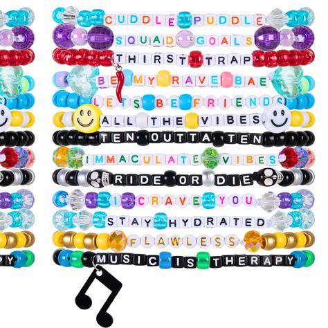 PRICES MAY VARY. NEW FOR 2024: new words, phrases, colors, and designs including glow in the dark beads, and cute charms SAVE TIME: pre-made bracelets allow you to go b2b all season without ever running out of kandi CELEBRATE PLUR: trading kandi at raves and festivals makes exciting moments unforgettable! Whether it's EDC, Ultra, Electric Forest, Coachella, or your favorite artist’s tour in your hometown, you’ll be ready for every event. AUTHENTIC & UNIQUE: true to EDM culture and rave tradition Rave Bracelets Kandi Sayings, Kandy Ideas Rave, Edm Bracelets, Rave Kandi Ideas Edm, Rave Sayings, Kandi Words Ideas, Rave Kandi Bracelets, Rave Essentials, Rave Kandi Ideas